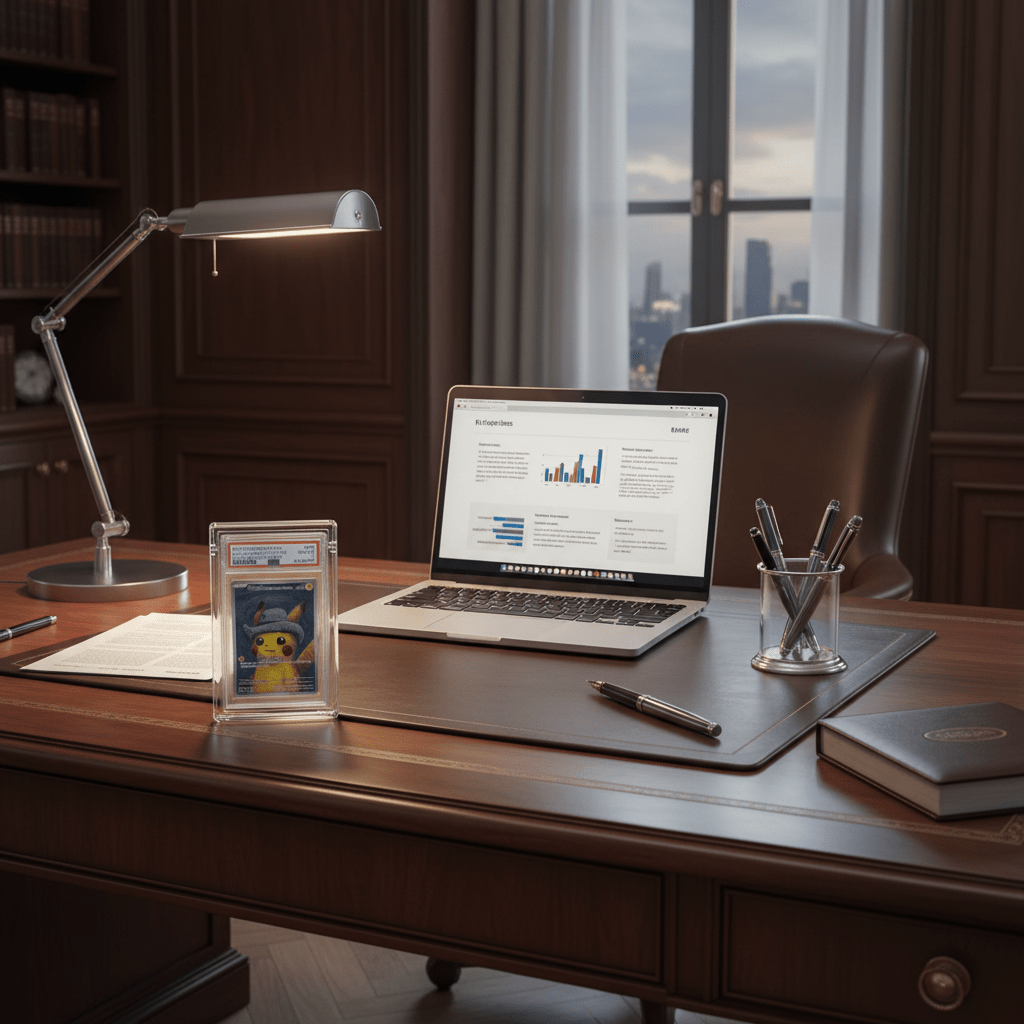Modern office desk with laptop, lamp, and office supplies in a room with large windows.